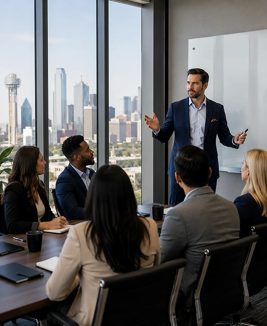 One-on-one sales coaching session in a Dallas office
