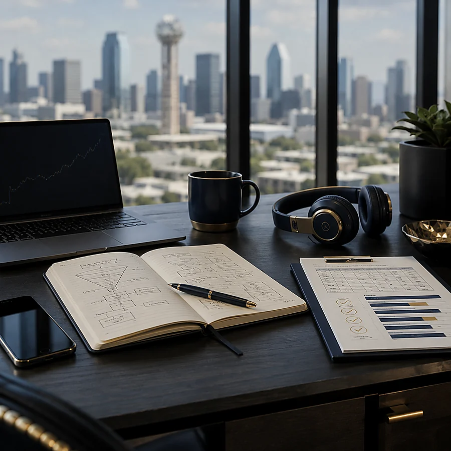 Dallas sales planning desk with notebook, charts, and city skyline view
