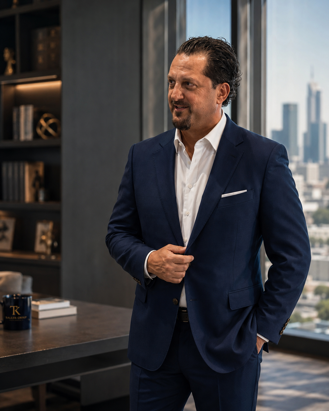 Tony Kurtulan in a navy suit in a professional office setting