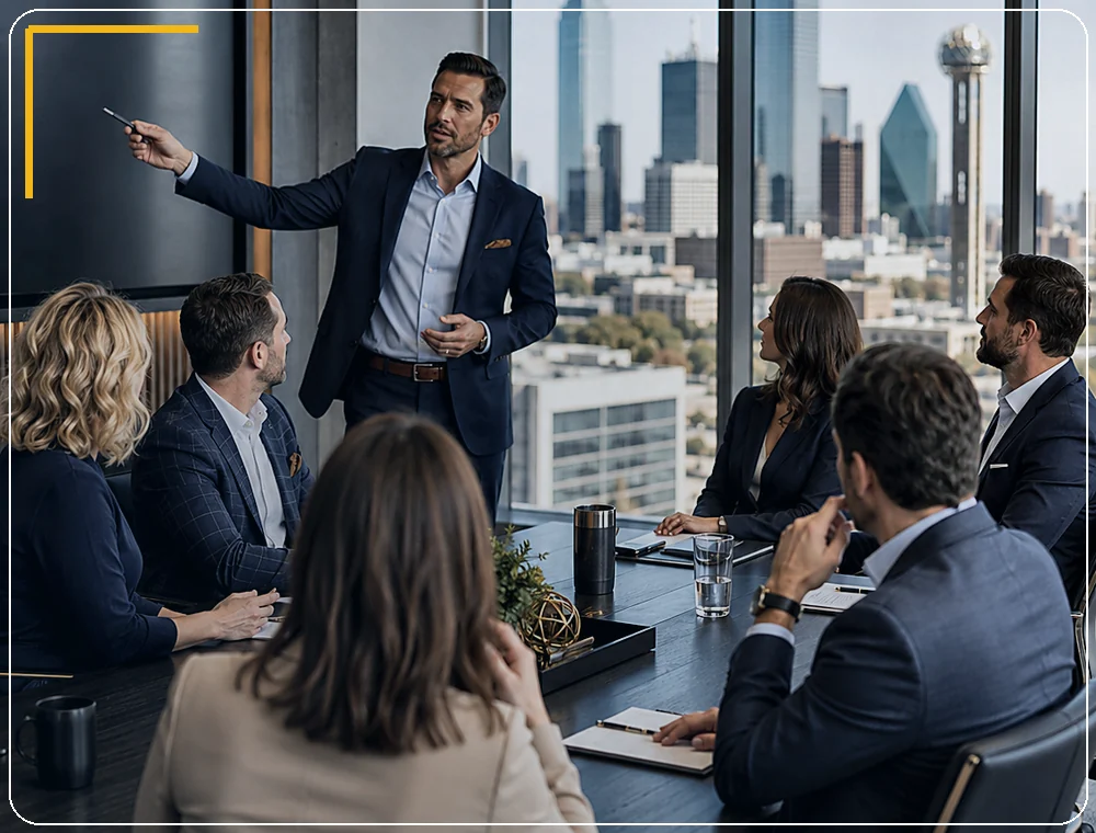 Company leaders discussing a sales hiring scorecard in a Dallas conference room