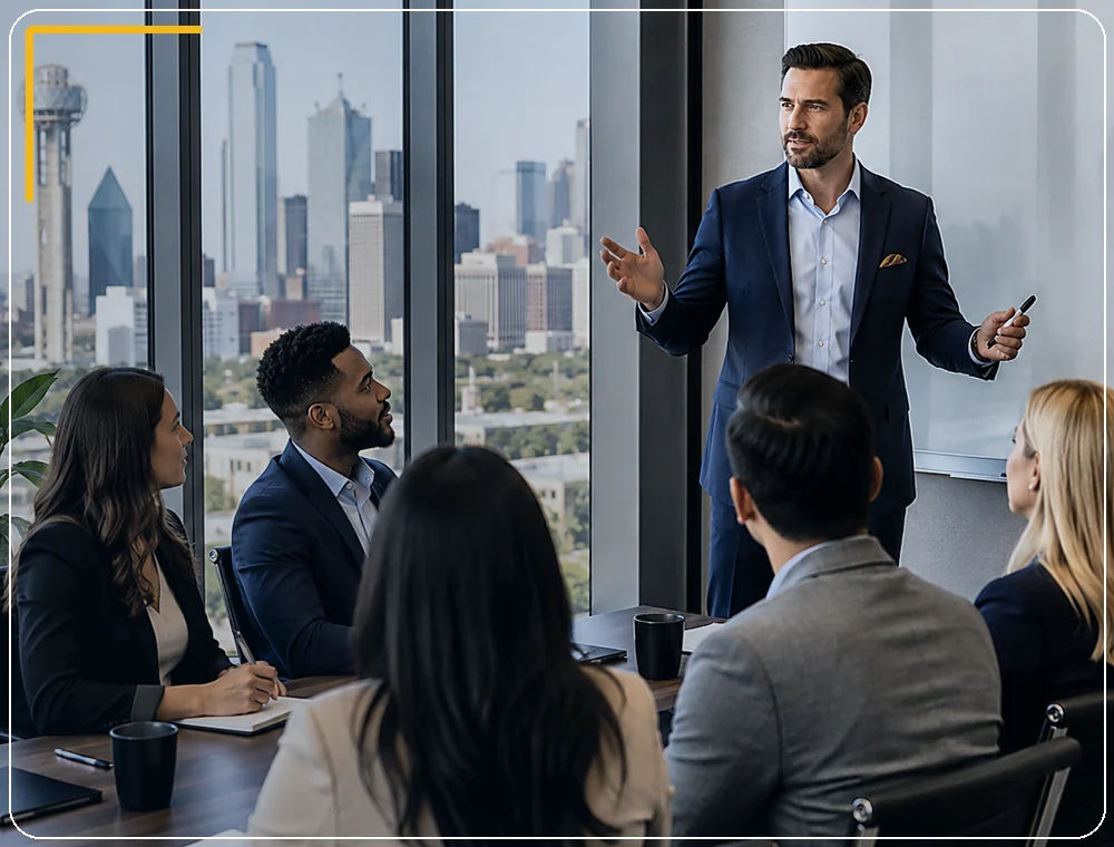 Sales team and hiring leader discussing a new sales placement